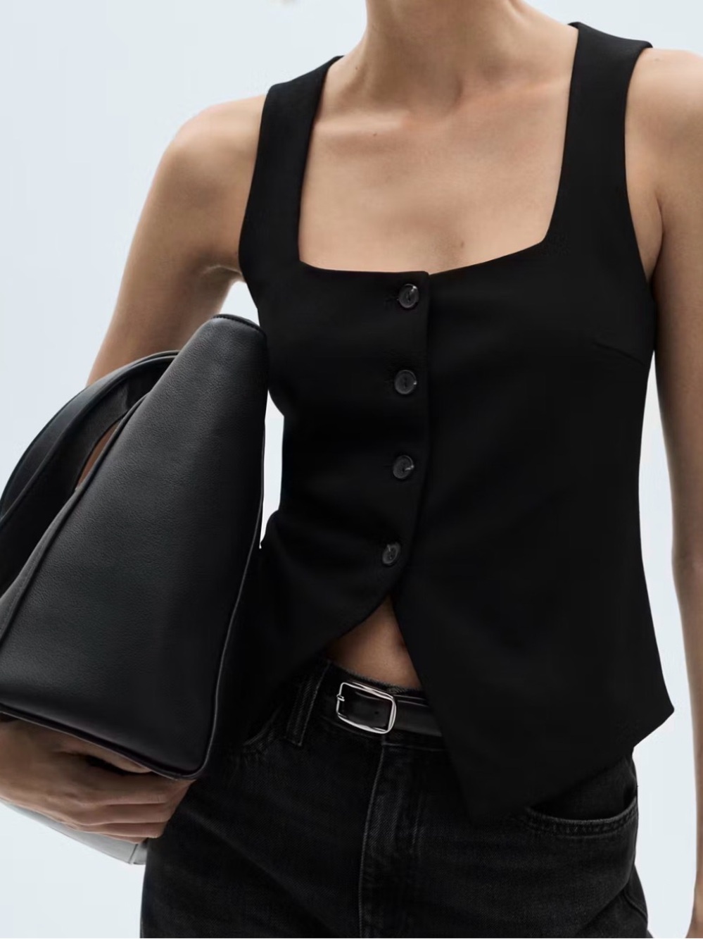 MANGO Black Square Neck Button Front Top Vest L